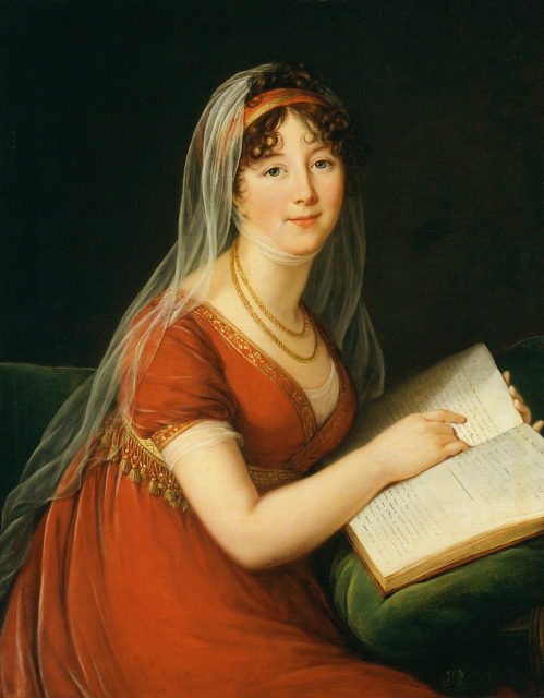 A portrait of a seated woman in a red dress. She holds a book and looks over her right shoulder, toward the viewer.